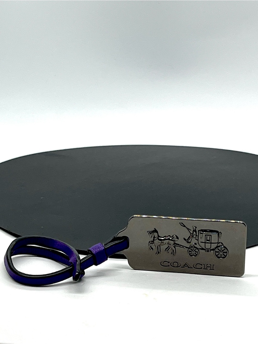 Coach Gunmetal Horse & Carriage Metal Hangtag Bag Charm Purple Leather Key Fob